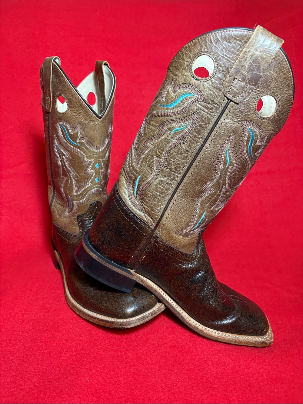 Old West Youth 6D Brown Leather Square Toe Cowboy Boots Blue Stitching - Picture 13 of 13